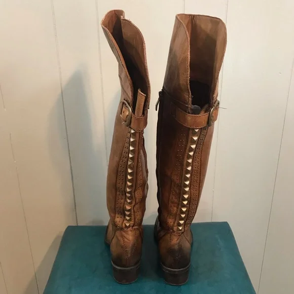 Vince Camuto Brown Leather Factory Distressed Embellished Heel Tall Boots 7.5 B - Picture 10 of 12